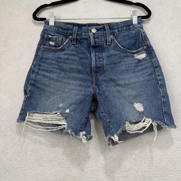 Levis Denim Shorts Womens 25 Distressed High Rise Button Fly Raw Hem Cutoff - Picture 1 of 10